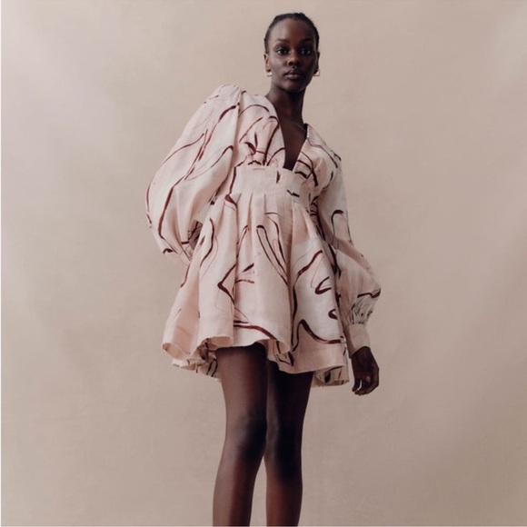 Aje. Amelia Long Sleeve Plunge Mini Dress Abstract Pink Size 8 - Picture 2 of 13